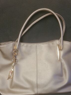 Metallic Taupe Tote with Gold Charm Accents